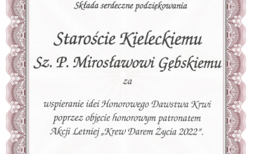 Podziękowanie za wspieranie krwiodawstwa